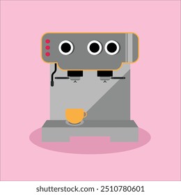 A minimalist vector illustration of a modern espresso machine with a small yellow cup placed on the tray. The machine, depicted in shades of gray with orange accents, contrasts against a soft pink