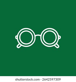 A minimalist vector illustration of modern eye glasses, white outline against a solid emerald green backdrop.