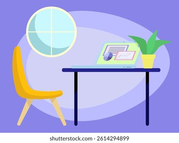 Minimalist vector illustration of a modern workspace with a laptop, desk, cozy chair, potted plant, and sunlit window. Clean, scalable design perfect for office, remote work, or study-themed projects.