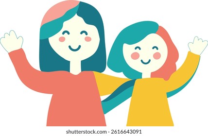 minimalist vector illustration of mother and daughter hugging and waving, simple line art design mother's day and daughter's day, modern flat colors, cheerful family concept, loving embrace