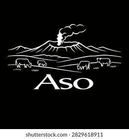 A minimalist vector illustration of Mount Aso featuring grazing cows and a smoking volcanic crater against a black background.
