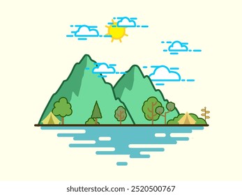 Minimalist vector illustration of a mountain landscape with tents, trees, and a lake under a bright sunny sky. Perfect for outdoor adventure, camping, or nature-themed designs.