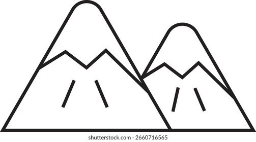Ilustración vectorial minimalista de un paisaje montañoso con picos afilados y Elementos naturales en un estilo de diseño plano. Es ideal para representar la naturaleza, aventura, senderismo y actividades al aire libre