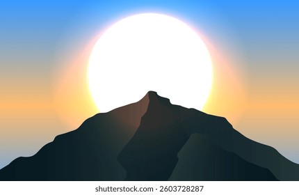 Minimalist vector illustration of a mountain peak silhouette against a large glowing sun at sunrise or sunset. Soft gradients create a serene, atmospheric landscape, ideal for nature, travel designs