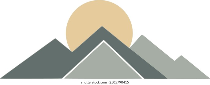 Eine minimalistische Vektorgrafik einer Bergkette mit aufgehender Sonne dahinter.
