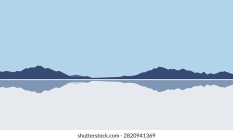 A minimalist vector illustration of mountain silhouettes reflected in a calm, flat body of water under a clear light blue sky.