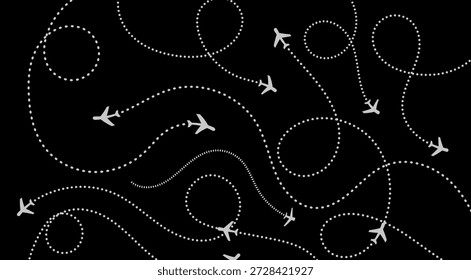 Ilustración vectorial minimalista de múltiples aviones blancos que vuelan en varias rutas de vuelo de línea punteada. Concepto Abstractas de viajes, aviación y rutas.