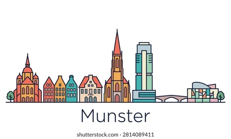A minimalist vector illustration of the Munster skyline featuring historical and modern German landmarks for travel and tourism designs.