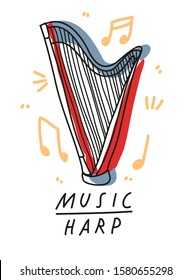 Minimalist vector illustration with musical instrument and simple lettering. Depiction of harp. Yellow musical notes. 