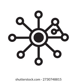Una Ilustración vectorial minimalista de un ícono de conexión de red con un nodo central conectado a múltiples nodos periféricos.