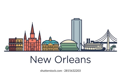 A minimalist vector illustration of the New Orleans skyline featuring famous landmarks like the St. Louis Cathedral and a steamboat for travel designs.
