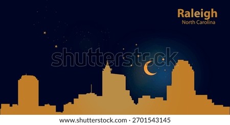 Minimalist vector illustration of a nighttime silhouette of Raleigh against a deep dark blue sky. At the top is a thin golden crescent moon with a soft glow, surrounded by several small stars.
