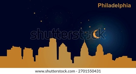 A minimalist vector illustration of the nighttime skyline of Philadelphia against a deep dark blue sky. At the top is a thin golden crescent moon with a soft glow, surrounded by several small stars.

