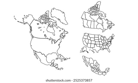 A minimalist vector illustration of North America map templates. USA, Canada and Mexico map.North America maps set. featuring a simple outline design.