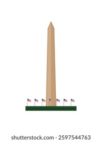 Minimalist vector illustration of an obelisk surrounded by flags on a green base.