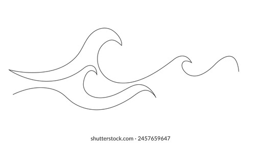 Ilustración vectorial minimalista de una onda oceánica creada con un estilo de dibujo continuo de una sola línea. Este gráfico representa el movimiento fluido y sereno del mar, perfecto para diseños