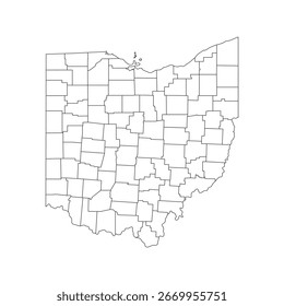 Una Ilustración vectorial minimalista del mapa del estado de Ohio, creado con un estilo de contorno limpio y moderno y con áreas o regiones individuales destacadas. 