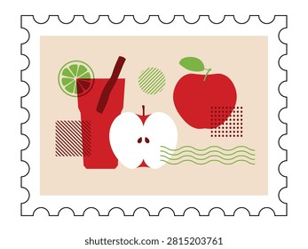A minimalist vector illustration on a light beige postage stamp featuring a glass with a drink, apples, a lime slice, and geometric shapes.