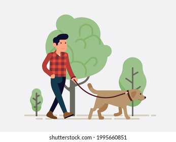 Minimalist vector illustration on man walking his labrador dog. Leashed dog with owner enjoying walk in the park together, flat style concept