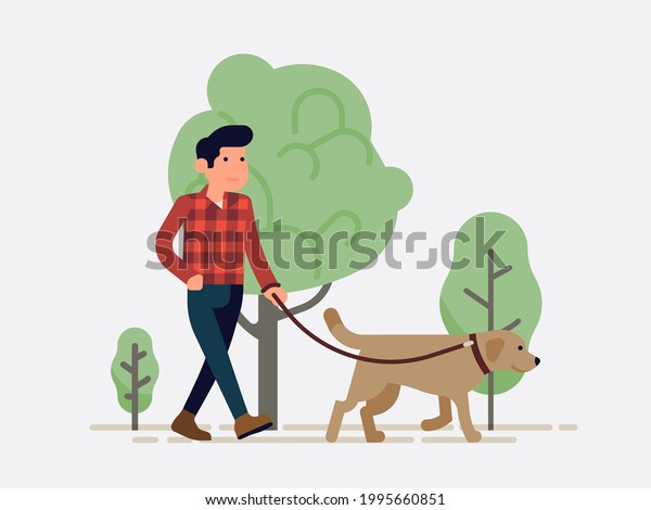 労働者の犬を歩く人のミニマリズムのベクターイラスト 飼い主が一緒に公園で散歩を楽しむリッシュドッグ フラットなスタイルのコンセプト のベクター画像素材 ロイヤリティフリー