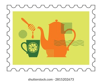 A minimalist vector illustration on a pale green postage stamp featuring an orange teapot, a green mug with a lemon slice, and a honey dipper pouring honey.