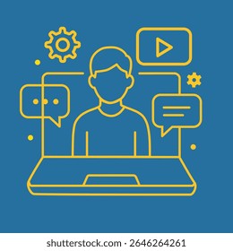 Minimalist vector illustration of an online webinar concept featuring a person on a laptop screen, surrounded by speech bubbles, gears, and digital media icons