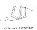 Minimalist vector illustration of an open book drawn in continuous line style, highlighting education and literature, isolated on white with a hand-drawn design.