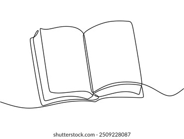 Ilustração vetorial minimalista de um livro aberto desenhado em um estilo de linha contínua. Representa os conceitos de educação e literatura, isolados sobre um fundo branco.