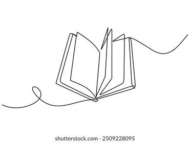 Ilustração vetorial minimalista de um livro aberto desenhado em estilo de linha contínua, destacando a educação e a literatura, isolada em branco com um design desenhado à mão.