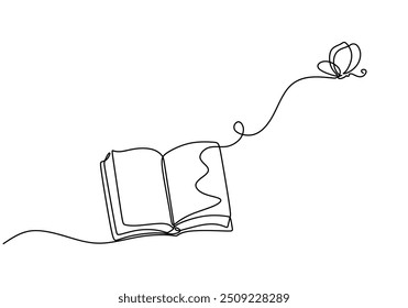 Minimalistische Vektorgrafik eines offenen Buches und eines Schmetterlings in durchgehender Strichzeichnung. Symbolisiert Bildung und Literatur, handgezeichnet und einzeln auf weißem Hintergrund.