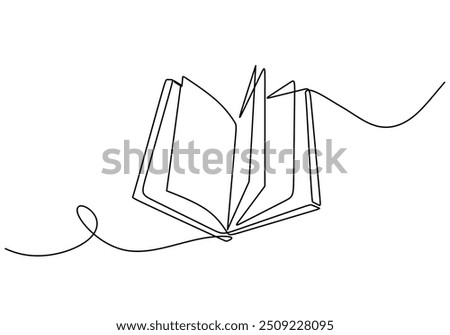 Minimalist vector illustration of an open book drawn in continuous line style, highlighting education and literature, isolated on white with a hand-drawn design.