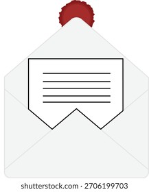 Ilustração vetorial minimalista de um envelope aberto contendo uma letra com um selo de cera vermelha no topo.