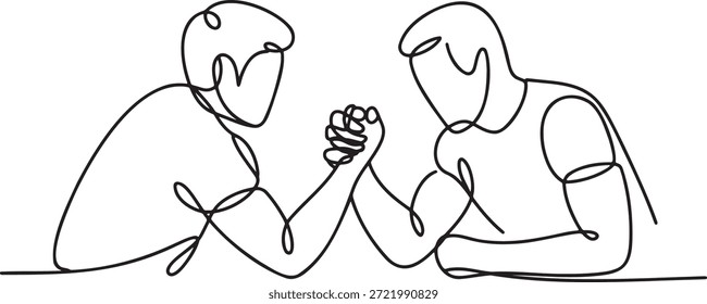 Minimalist vector illustration of opponents demonstrating physical strength during arm wrestle. Outline sketch representing intense competition and rivalry sport. Simple contour drawing for power struggle or business challenge design. Continuous thin line artwork depicting challenge and effort.