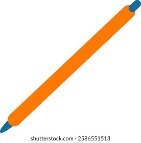 Minimalist vector illustration of an orange pen lying diagonally on a white background, featuring a blue tip and cap, ideal for stationery or writing related designs