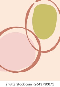Minimalist vector illustration of overlapping abstract circles in soft pink and lime green with organic terracotta outlines, symbolizing connection, natural harmony, and modern synergy.