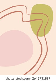 Minimalist vector illustration of overlapping abstract circles in soft pink and lime green with organic terracotta outlines, symbolizing connection, natural harmony, and modern synergy.