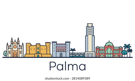 A minimalist vector illustration of the Palma de Mallorca skyline featuring famous historical landmarks in a colorful flat line art style.
