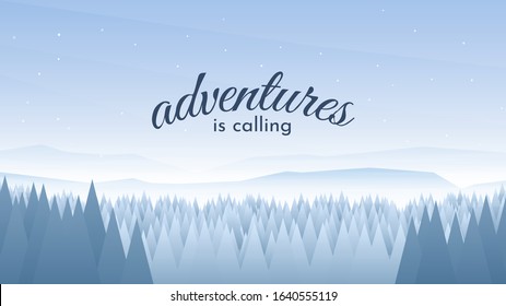 Minimalist vector illustration. Panoramic landscape. Morning scene with woods. Forest and hills. Flat geometric design with calligraphy font. Handwriting text. Polygonal triangle style
