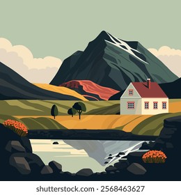 A minimalist vector illustration of a peaceful rural landscape featuring a cozy house, vibrant fields, a calm river, and a dramatic mountain backdrop, perfect for travel, nature, or countryside themes