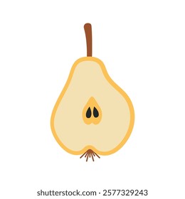 Minimalist Vector Illustration of Pear Cross-Section. Simple artwork of fruit pear cross-section showing seeds, stem, and details, isolated on a white background