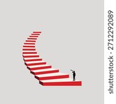 Minimalist vector illustration of a person facing a long flight of stairs. Symbolizes a career journey, future challenges, ambition, and the first step towards achieving a goal, PNG
