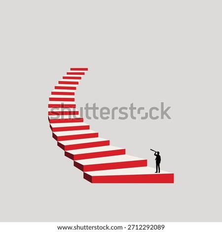 Minimalist vector illustration of a person facing a long flight of stairs. Symbolizes a career journey, future challenges, ambition, and the first step towards achieving a goal, PNG