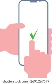 Minimalistische Vektorgrafik einer Person, die mit einem Smartphone-Bildschirm interagiert und ein grünes Markierungssymbol drückt, um eine Aktion zu bestätigen oder zu genehmigen