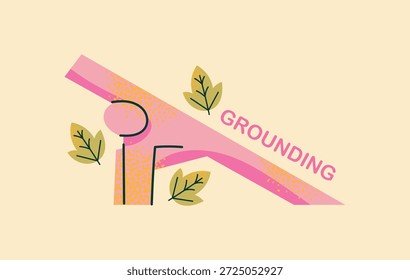 Ilustración vectorial minimalista de una persona que practica posa de yoga con hojas para la salud mental, el bienestar, el cuidado personal, la atención plena y el concepto de alivio del estrés Arte sobre fondo pastel