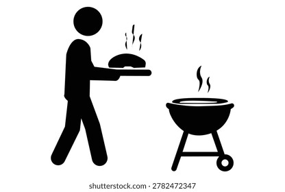 Minimalist vector illustration of a person serving grilled food from a barbecue grill representing outdoor cooking, food preparation, summer picnic, and social dining activities. Ideal for bbq parties, catering, restaurant, and lifestyle concepts.