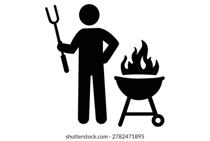Minimalist vector illustration of a person standing beside a barbecue grill representing outdoor cooking, grilling, summer picnic, and food preparation activities. Ideal for camping, restaurant, bbq party, and lifestyle concepts.