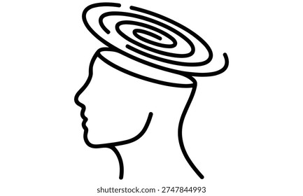 A minimalist vector illustration of a person's head in profile is shown with a swirling vortex emerging from the top, symbolizing the flow of creative thought and imagination in a simple yet effective design concept.