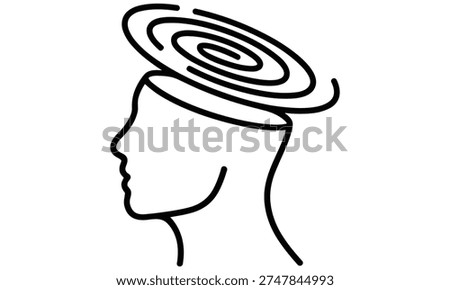 A minimalist vector illustration of a person's head in profile is shown with a swirling vortex emerging from the top, symbolizing the flow of creative thought and imagination in a simple yet effective design concept.