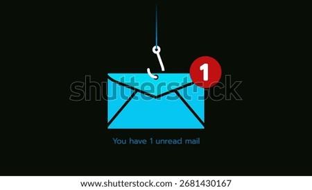 Minimalist vector illustration of a phishing email concept. A fishing hook threatens a blue mail envelope with a red unread notification "1" against a dark background, symbolizing a cyber scam or trap