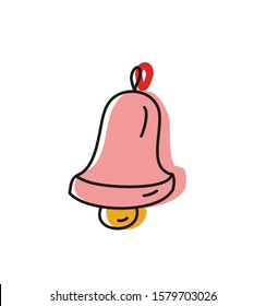 Minimalist vector illustration with a pink bell. Hand drawn cute image. Line drawing with red, yellow and pink colors.
